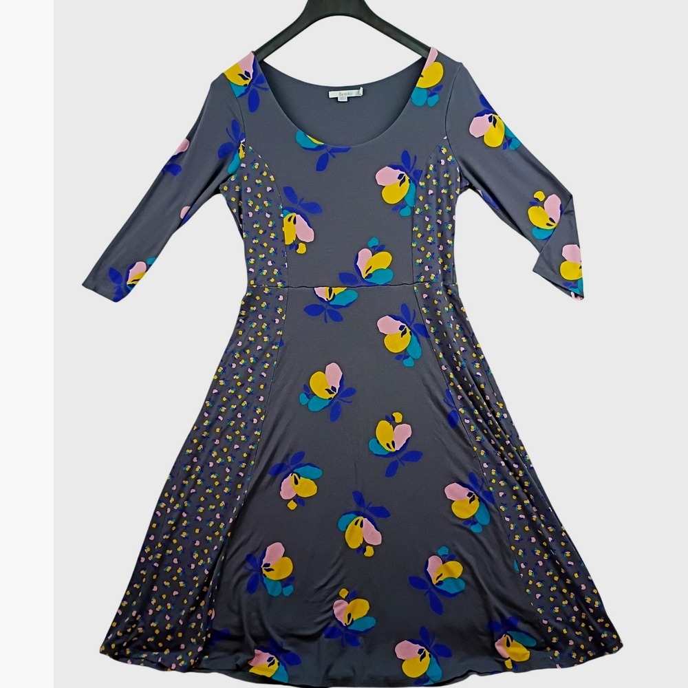 Boden Floral‎ A-Line Jersey Dress Womens 10L Gray 3/4 Sleeve Midi Scoop Neck